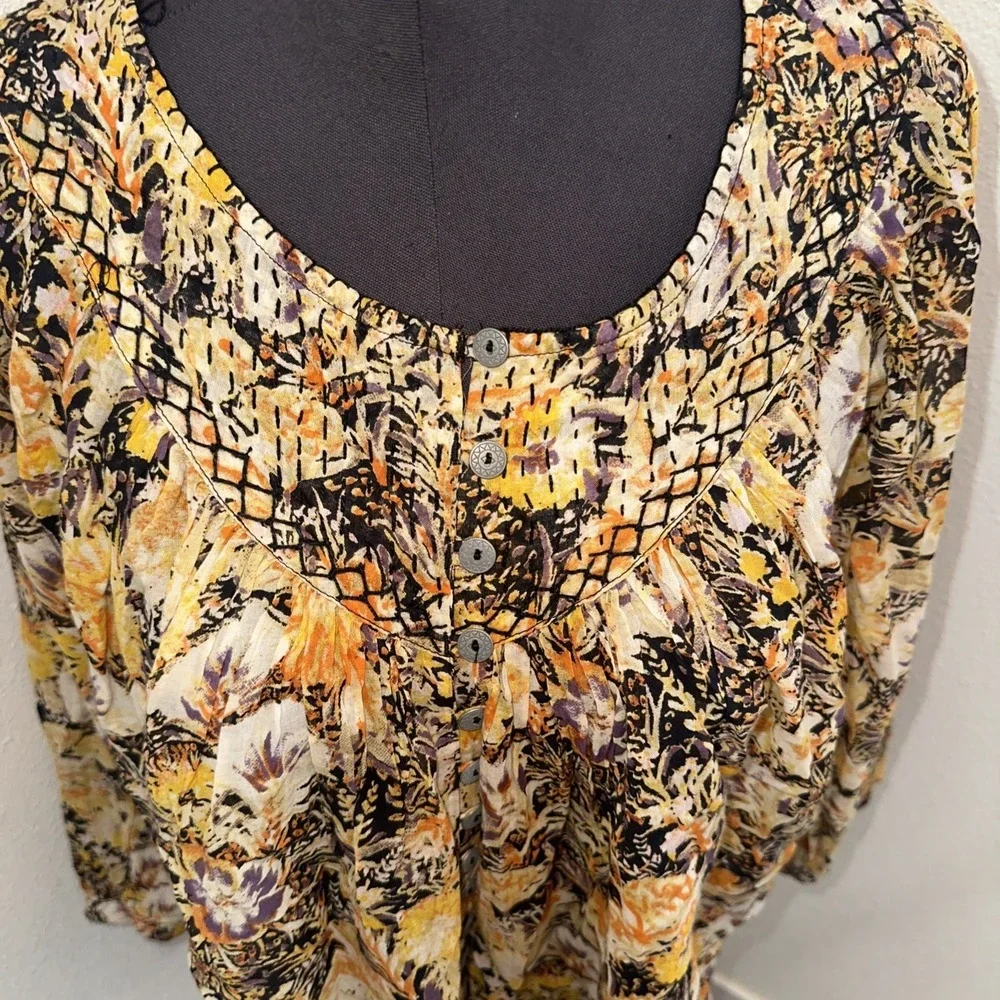 Free‎ People NWT Cool Meadow Top Buttondown Print Ruched Scoop Neck Blouse XS